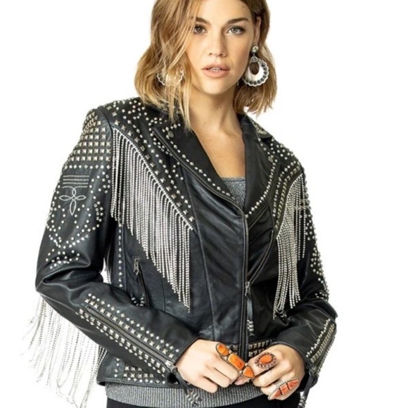 Double D Ranch Rhinestone Fringe Cowboy Leather Jacket beaded crystal RTL 1395 - Picture 7 of 14